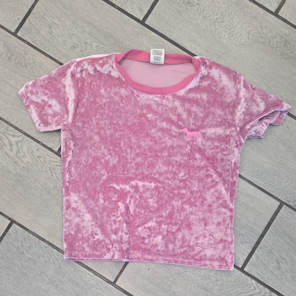 PINK Victoria's Secret Women's Pink Velvet Short Sleeve T-Shirt Crew Neck Logo T